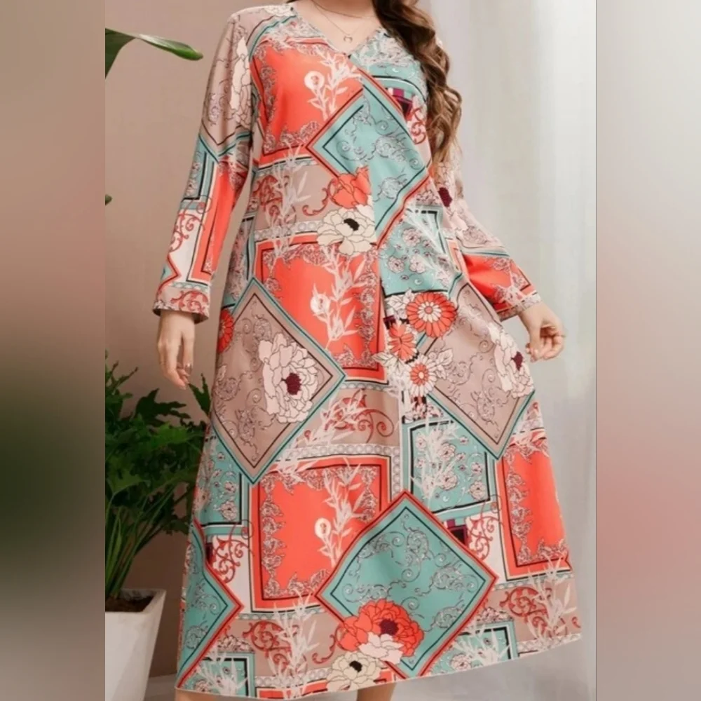 NEW LONG SLEEVE DRESS SIZE 4XL=20 US MULTICOLORED CORAL & TURQUOISE, ETC. - Picture 2 of 5